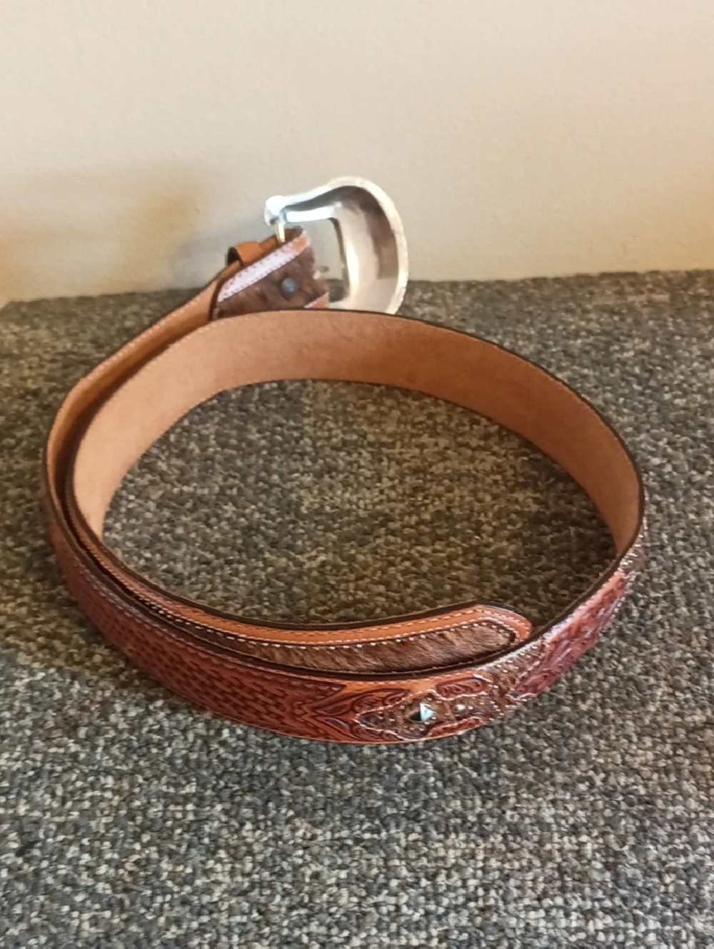 Justin Boots Tooled Brown Leather Western Belt with Silver Buckle Size 36